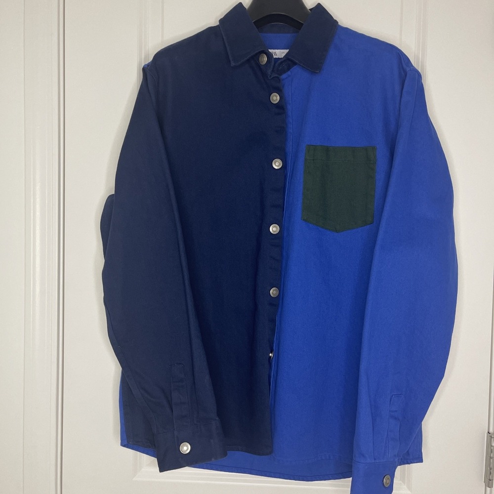 Zara Men's Color Block Cotton Button Down Shirt  Blue Navy Green Size L